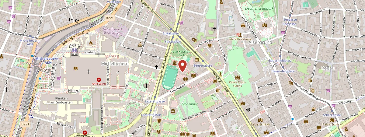 Ausschnitt einer Karte mit dem Standort Sensengasse 3, 1090 Wien